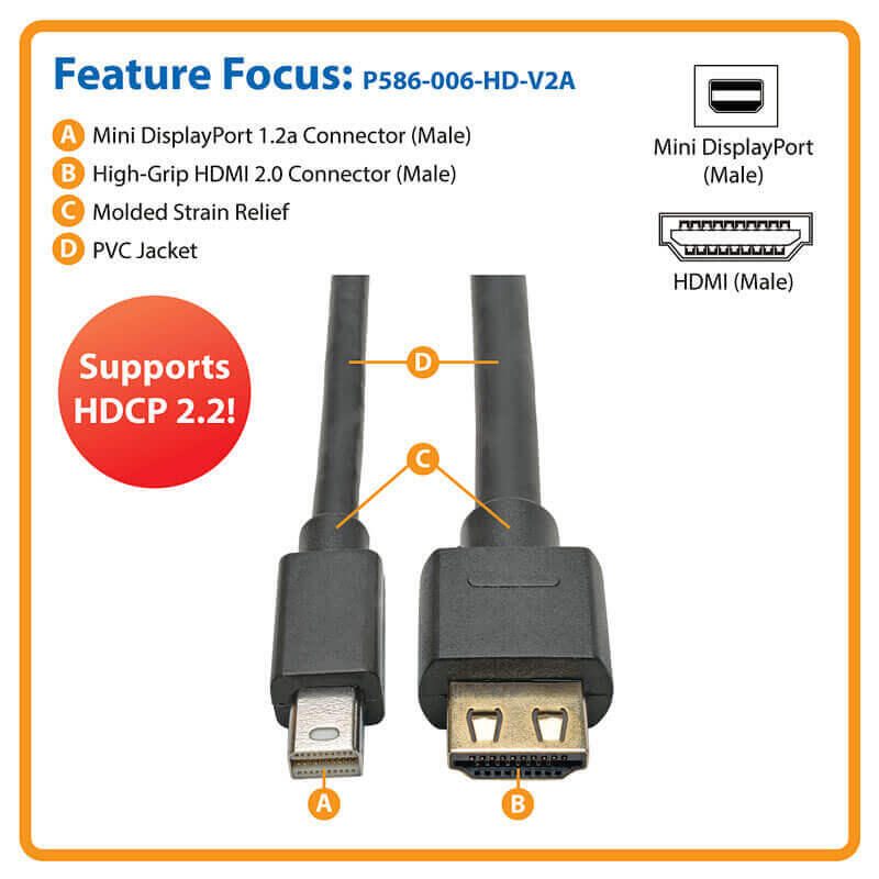 Eaton Tripp Lite Series Mini DisplayPort 1.2a zu HDMI Active Adapterkabel (Stecker/Stecker), 4K 60 Hz, HDCP 2.2, 6 ft. (