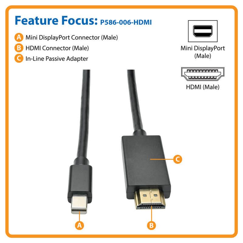 Eaton Tripp Lite Series Mini DisplayPort zu HDMI Active Adapterkabel (Stecker/Stecker), 1080p, 6 ft. (1.8 m)