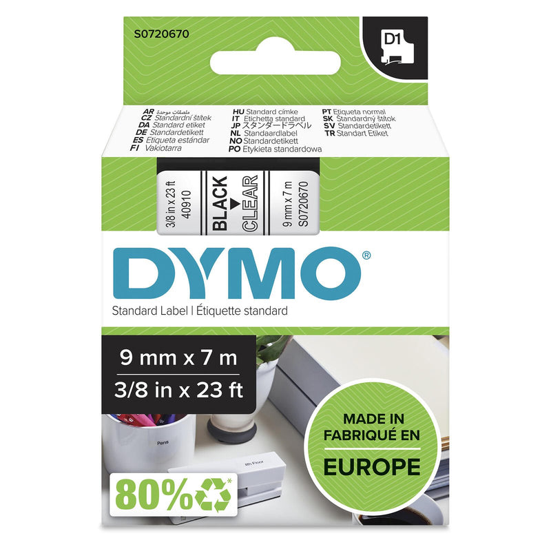 DYMO® Original D1-Schriftband für LabelManager™ 9mm x 7m - Polyester, wieder ablösbar - schwarz auf transparent