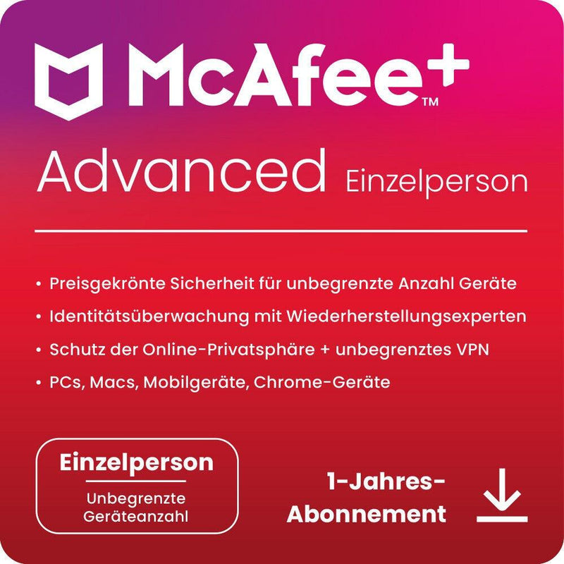 McAfee+ Advanced - Individual - Abonnement-Lizenz (1 Jahr) - Download - Win, Mac, Android, iOS - Deutsch - R