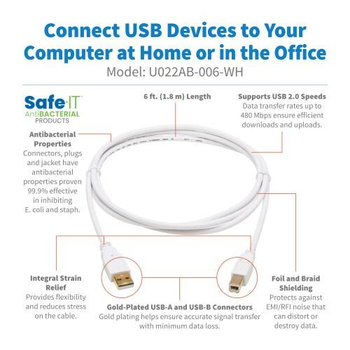 Eaton Tripp Lite Series Safe-IT USB-A zu USB-B Antibacterial Kabel (Stecker/Stecker), USB 2.0, Weiß, 6-ft. (1.83 m)