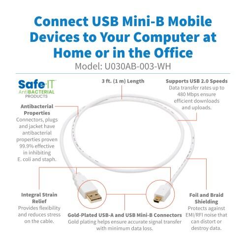 Eaton Tripp Lite Series Safe-IT USB 2.0 A zu USB Mini-B Antibacterial Kabel (Stecker/Stecker), Weiß, 3 ft. (0.91 m)