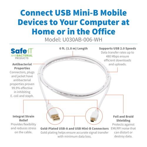 Eaton Tripp Lite Series Safe-IT USB-A zu USB Mini-B Antibacterial Kabel (Stecker/Stecker), USB 2.0, Weiß, 6-ft. (1.83 m)