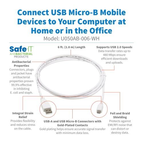 Eaton Tripp Lite Series Safe-IT USB-A zu USB Micro-B Antibacterial Kabel (Stecker/Stecker), USB 2.0, Weiß, 6-ft. (1.83 m