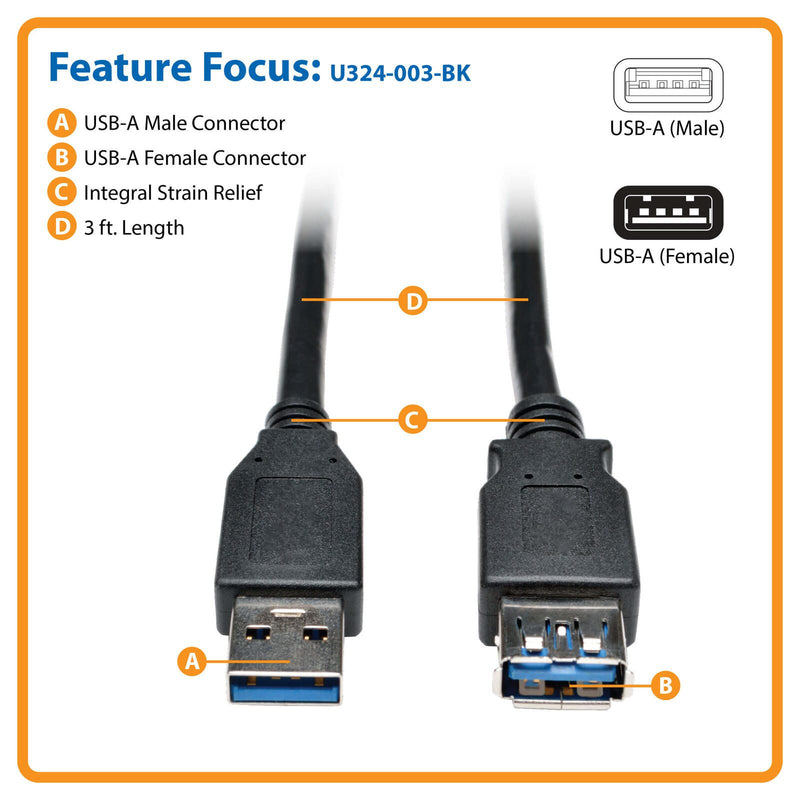 Eaton Tripp Lite Series USB 3.0 SuperSpeed Verlängerung Kabel - USB-A zu USB-A, M/F, Schwarz, 3 ft. (0.91 m)