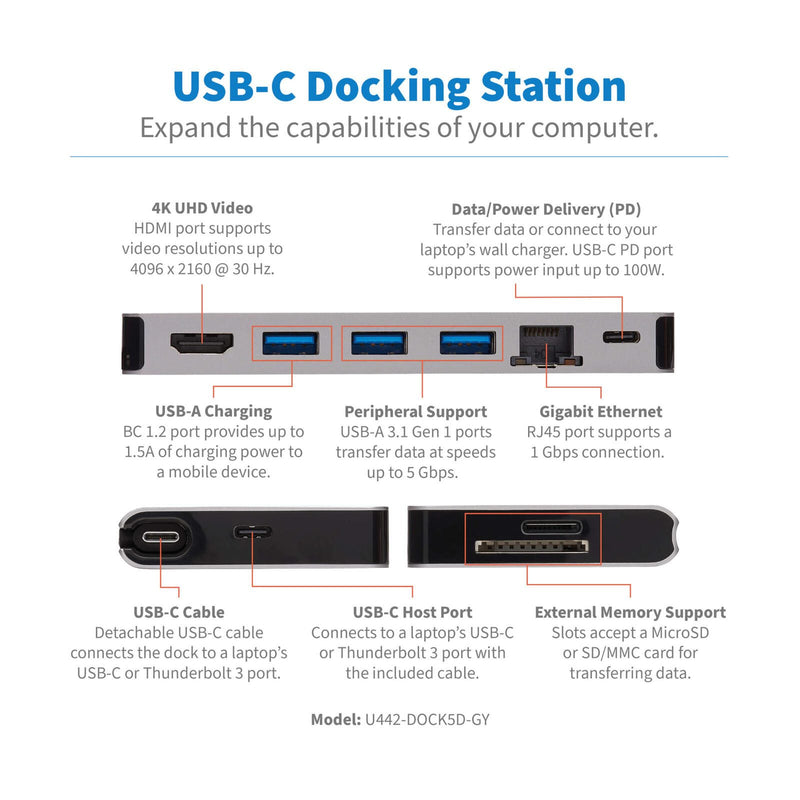 Eaton Tripp Lite Series USB-C Dock - 4K HDMI, USB 3.2 Gen 1, USB-A Hub, GbE, Memory Card, 100W PD Charging, Detachable C