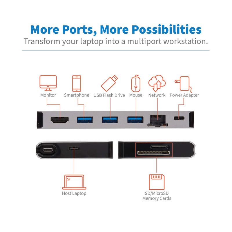 Eaton Tripp Lite Series USB-C Dock - 4K HDMI, USB 3.2 Gen 1, USB-A Hub, GbE, Memory Card, 100W PD Charging, Detachable C