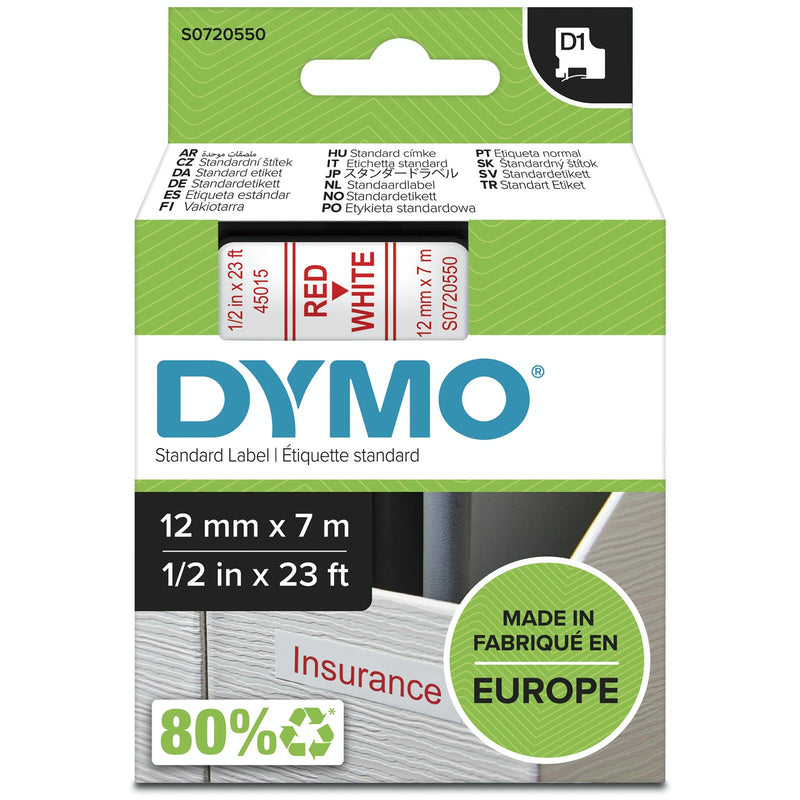 DYMO® Original D1-Schriftband für LabelManager™ 12mm x 7m - Polyester, wieder ablösbar - rot auf weiss