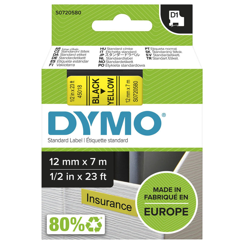 DYMO® Original D1-Schriftband für LabelManager™ 12mm x 7m - Polyester, wieder ablösbar - schwarz auf gelb